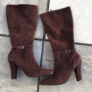 BCBGmaxazria brown suede, tiny stud, ankle strap